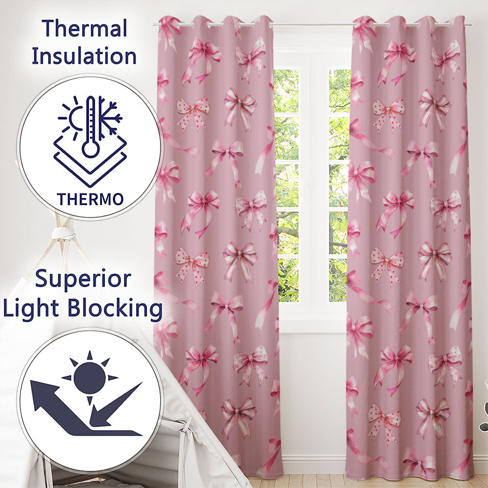 Watercolor Pink Ribbon Bows Pink Background Seamless Readymade Eyelet Ring Top Thermal 100% Blackout Curtains