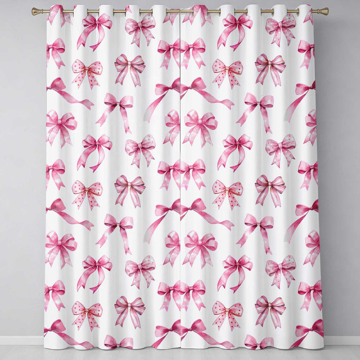 Watercolor Pink Ribbon Bows Neutral Ivory Background Seamless Readymade Eyelet Ring Top Thermal 100% Blackout Curtains