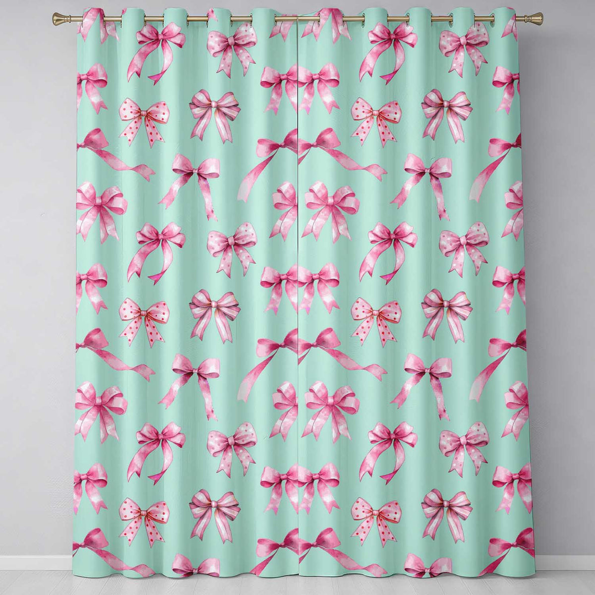 Watercolor Pink Ribbon Bow Seamless on Teal Background Readymade Eyelet Ring Top Thermal 100% Blackout Curtains