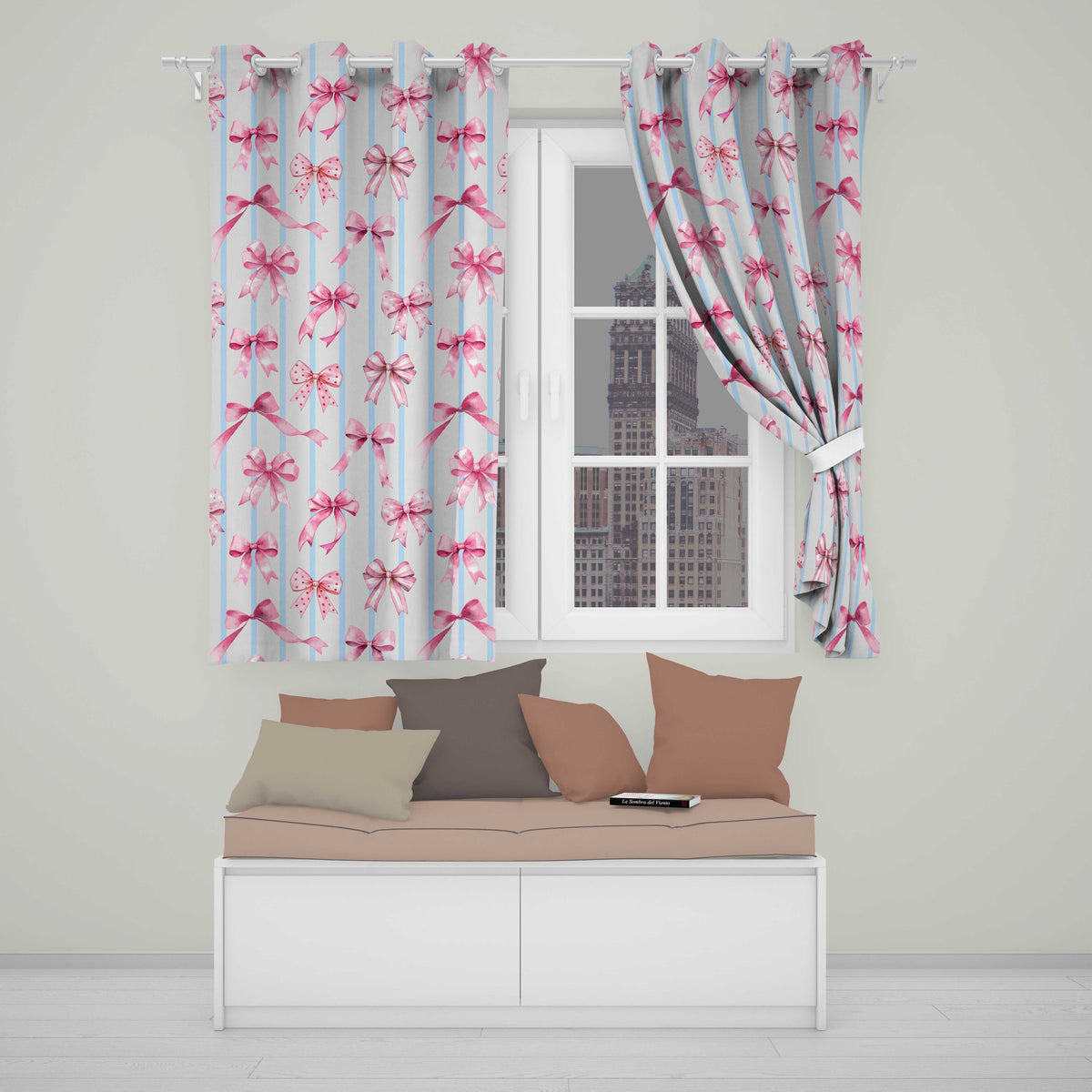 Watercolor Pink Ribbon Bow Seamless with Blue Stripes Background Readymade Eyelet Ring Top Thermal 100% Blackout Curtains