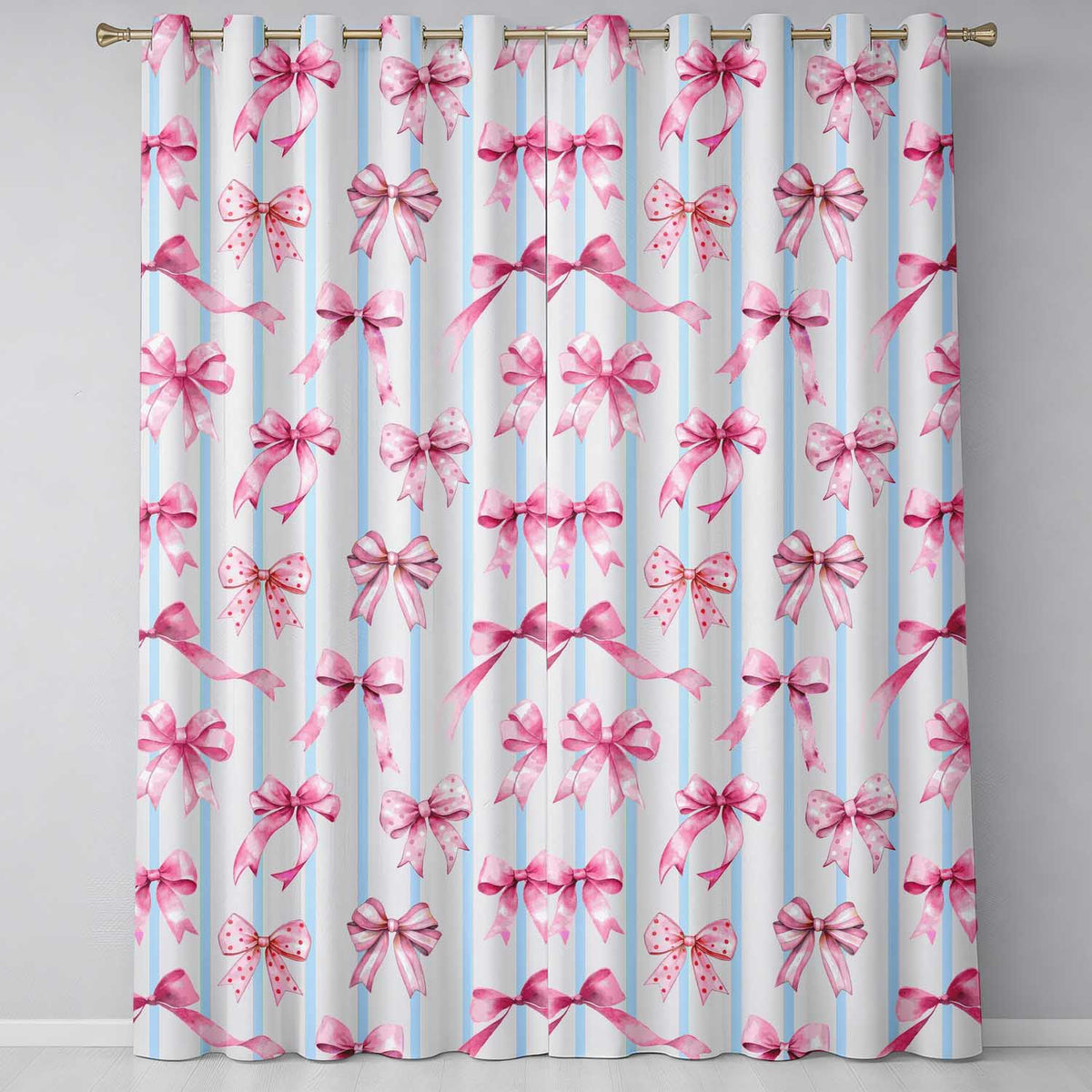 Watercolor Pink Ribbon Bow Seamless with Blue Stripes Background Readymade Eyelet Ring Top Thermal 100% Blackout Curtains