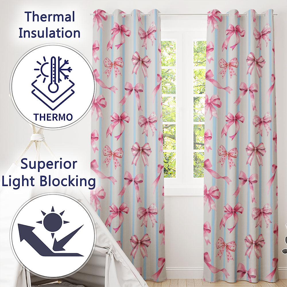 Watercolor Pink Ribbon Bow Seamless with Blue Stripes Background Readymade Eyelet Ring Top Thermal 100% Blackout Curtains