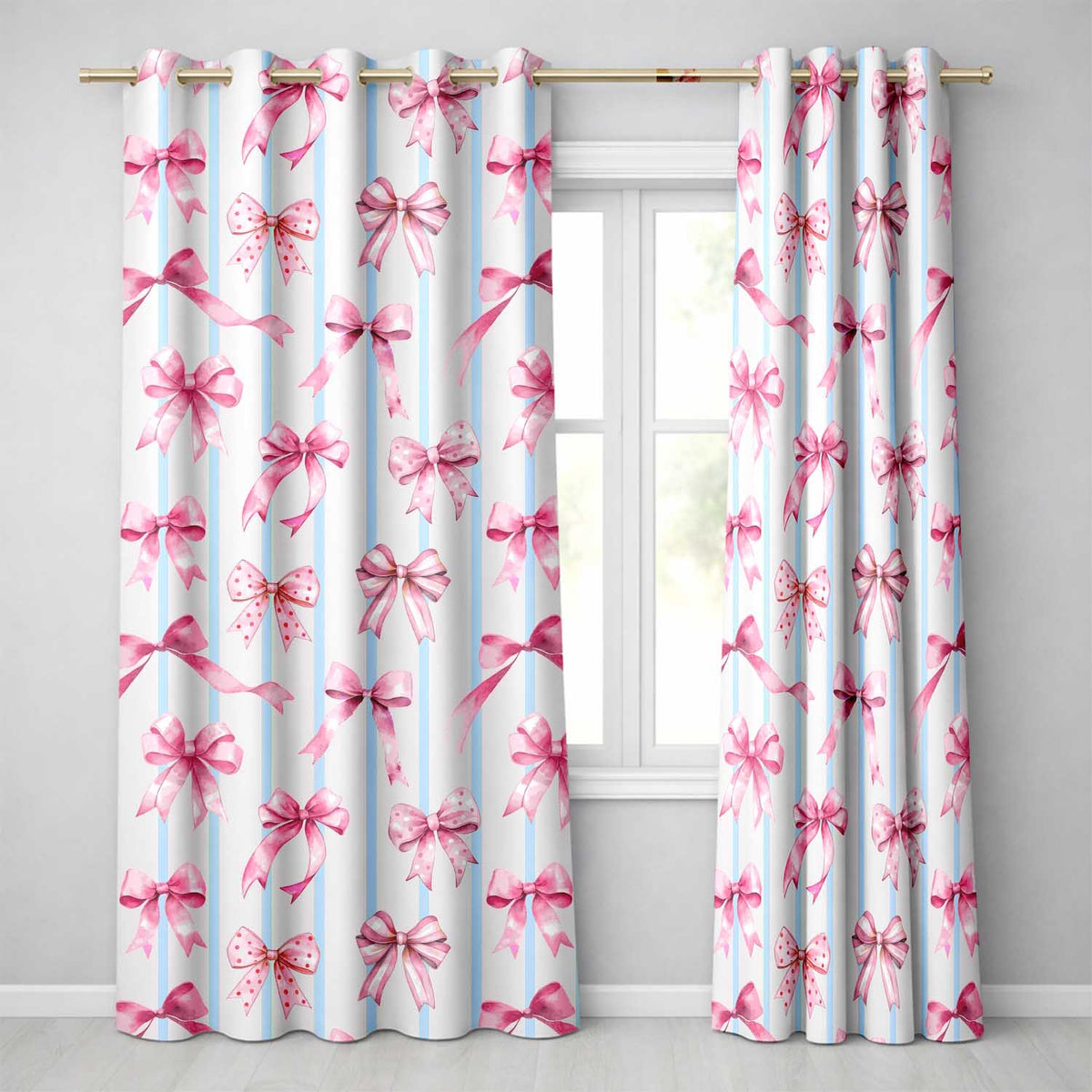 Watercolor Pink Ribbon Bow Seamless with Blue Stripes Background Readymade Eyelet Ring Top Thermal 100% Blackout Curtains