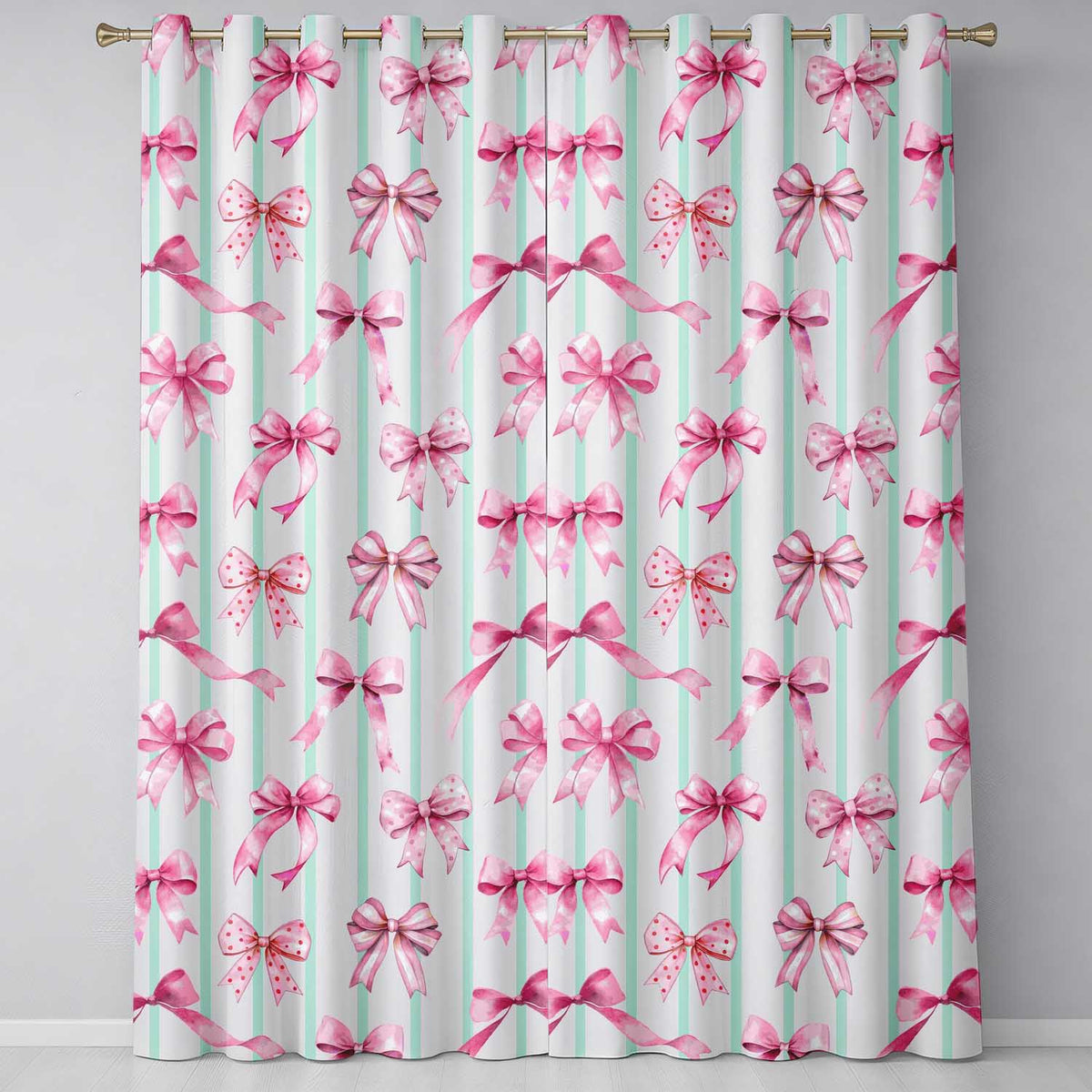 Watercolor Pink Ribbon Bow Seamless with Mint Green Stripes Background Readymade Eyelet Ring Top Thermal 100% Blackout Curtains