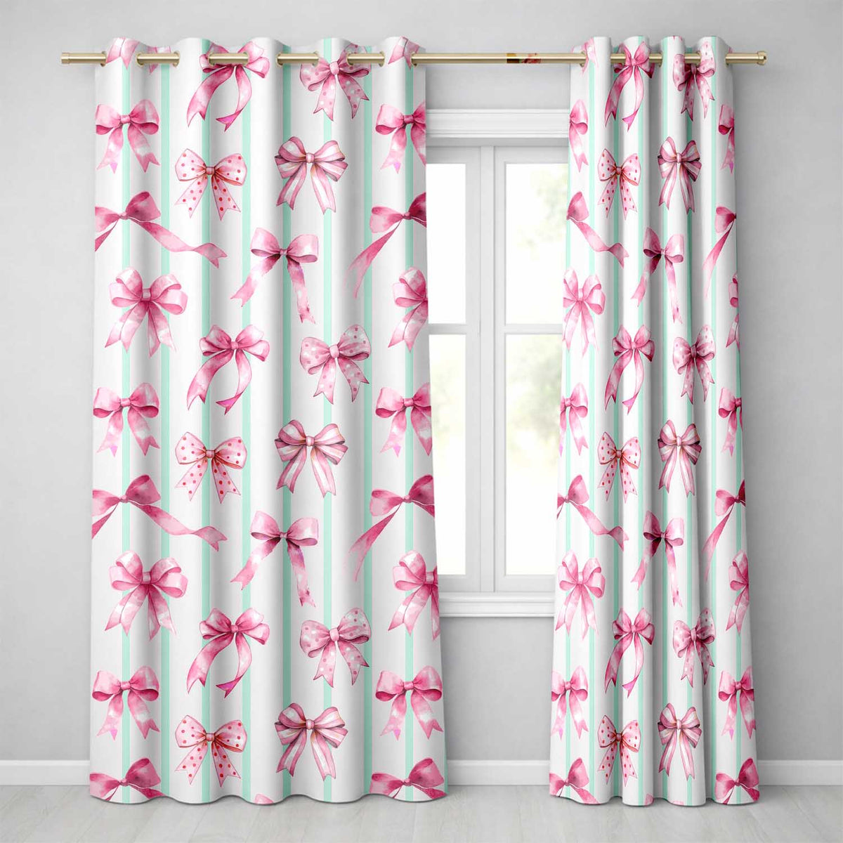 Watercolor Pink Ribbon Bow Seamless with Mint Green Stripes Background Readymade Eyelet Ring Top Thermal 100% Blackout Curtains
