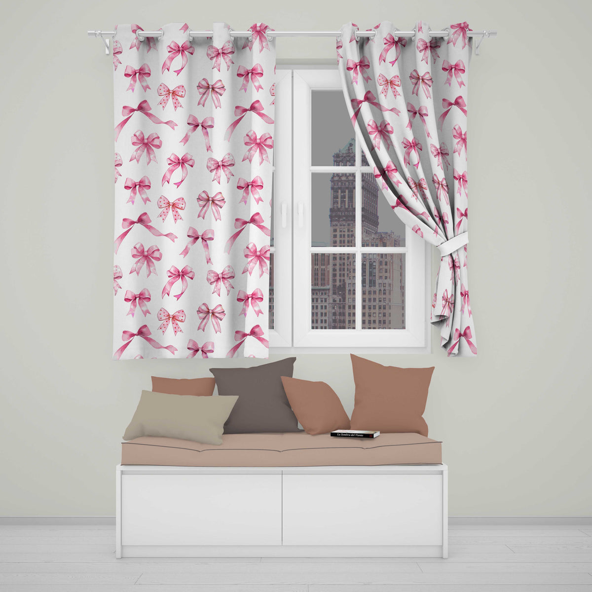 Watercolor Pink Ribbon Bow Seamless on Light Grey Background Readymade Eyelet Ring Top Thermal 100% Blackout Curtains