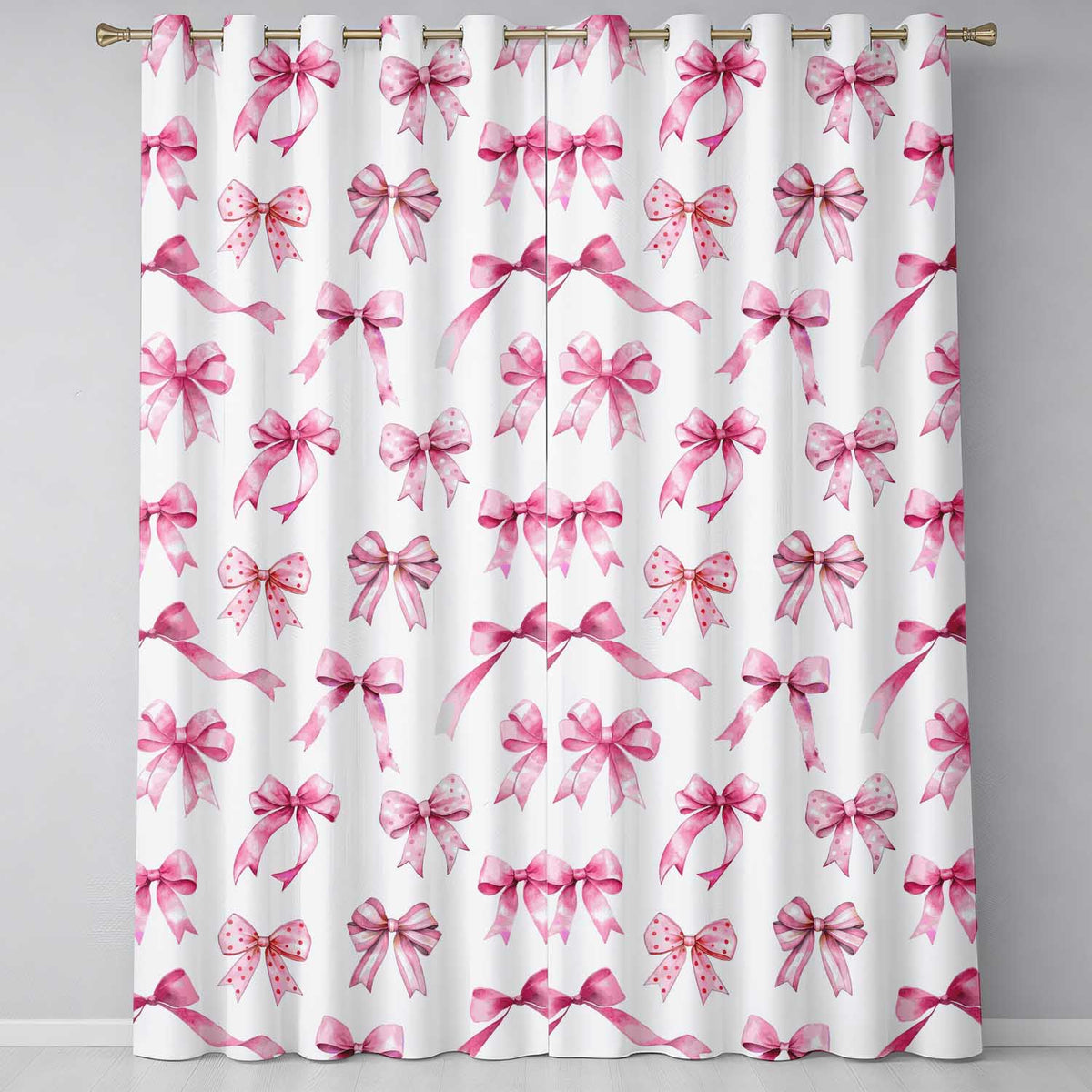 Watercolor Pink Ribbon Bow Seamless on Light Grey Background Readymade Eyelet Ring Top Thermal 100% Blackout Curtains