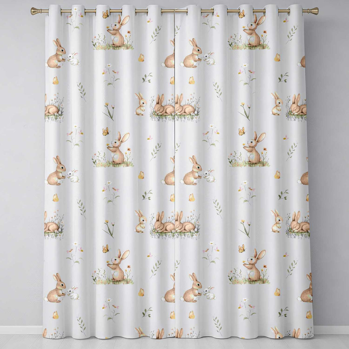 Watercolor Bunny Floral Meadow Seamless on Grey Background Readymade Eyelet Ring Top Thermal 100% Blackout Curtains