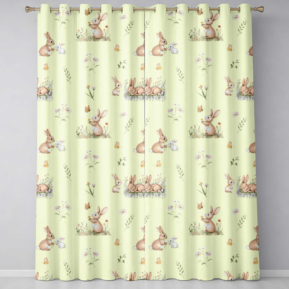 Watercolor Bunny Floral Meadow Seamless on Neutral Cream Background Readymade Eyelet Ring Top Thermal 100% Blackout Curtains