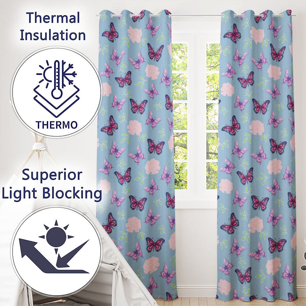 Pink Purple Butterfly Floral Sky Blue Background Seamless Readymade Eyelet Ring Top Thermal 100% Blackout Curtains