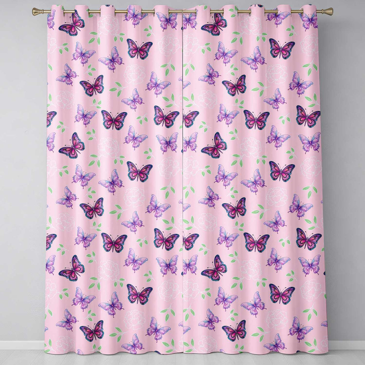 Pink Purple Butterfly Floral Soft Pink Background Seamless Readymade Eyelet Ring Top Thermal 100% Blackout Curtains