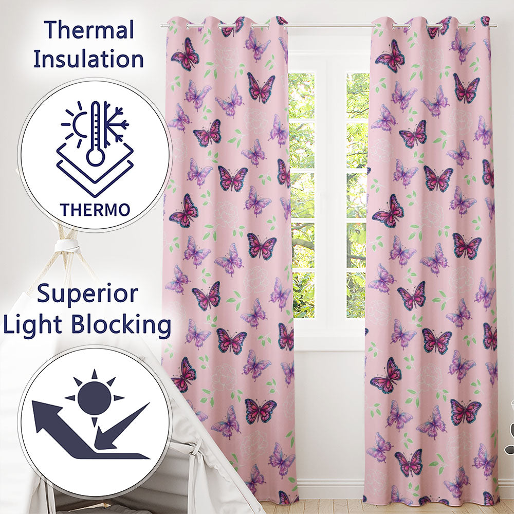 Pink Purple Butterfly Floral Soft Pink Background Seamless Readymade Eyelet Ring Top Thermal 100% Blackout Curtains
