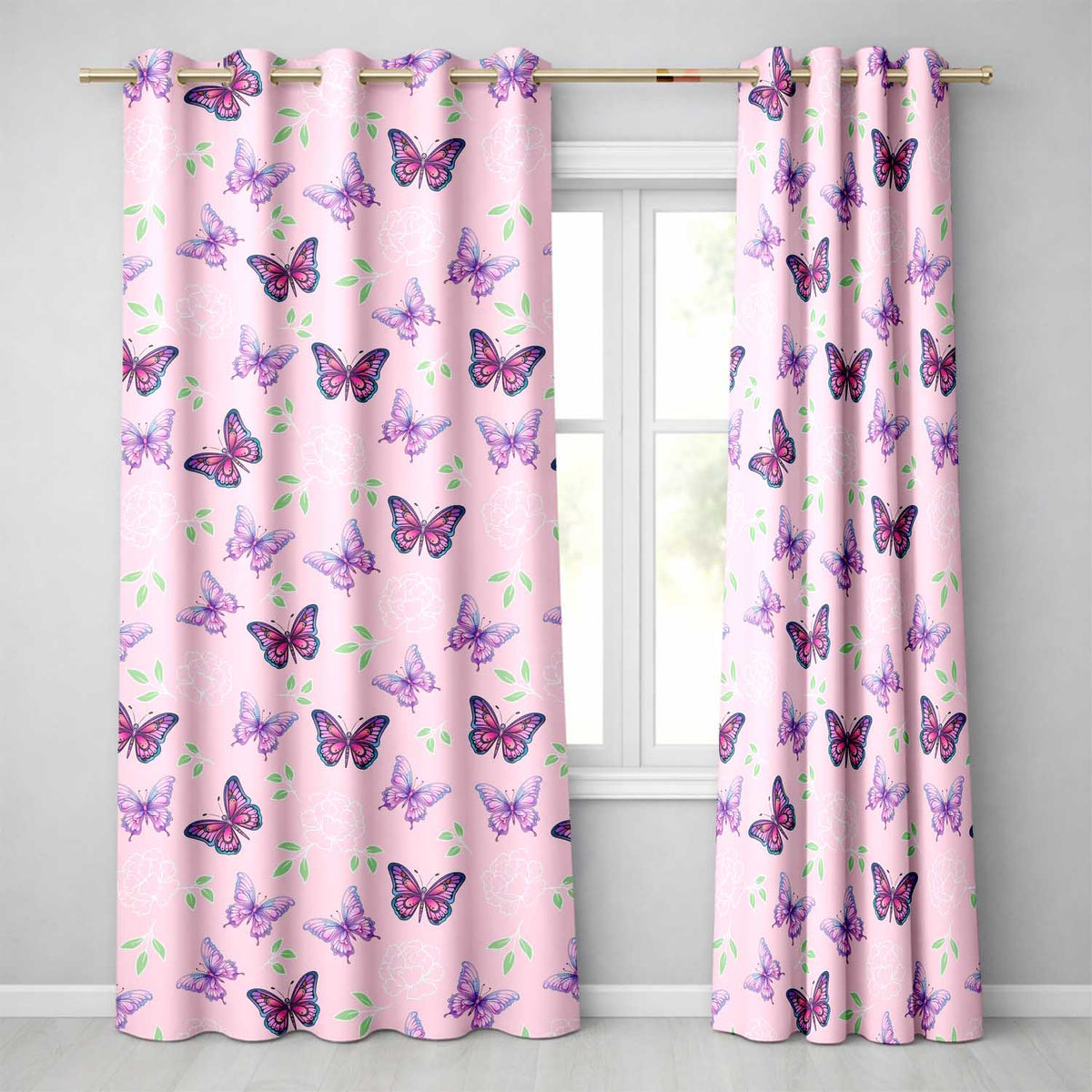 Pink Purple Butterfly Floral Soft Pink Background Seamless Readymade Eyelet Ring Top Thermal 100% Blackout Curtains