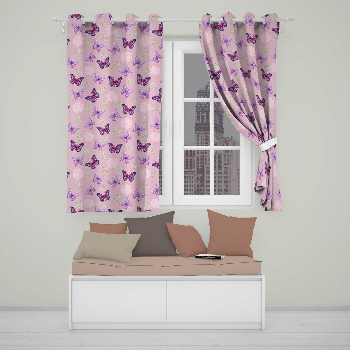 Pink Purple Butterfly Floral Pink Background Seamless Readymade Eyelet Ring Top Thermal 100% Blackout Curtains