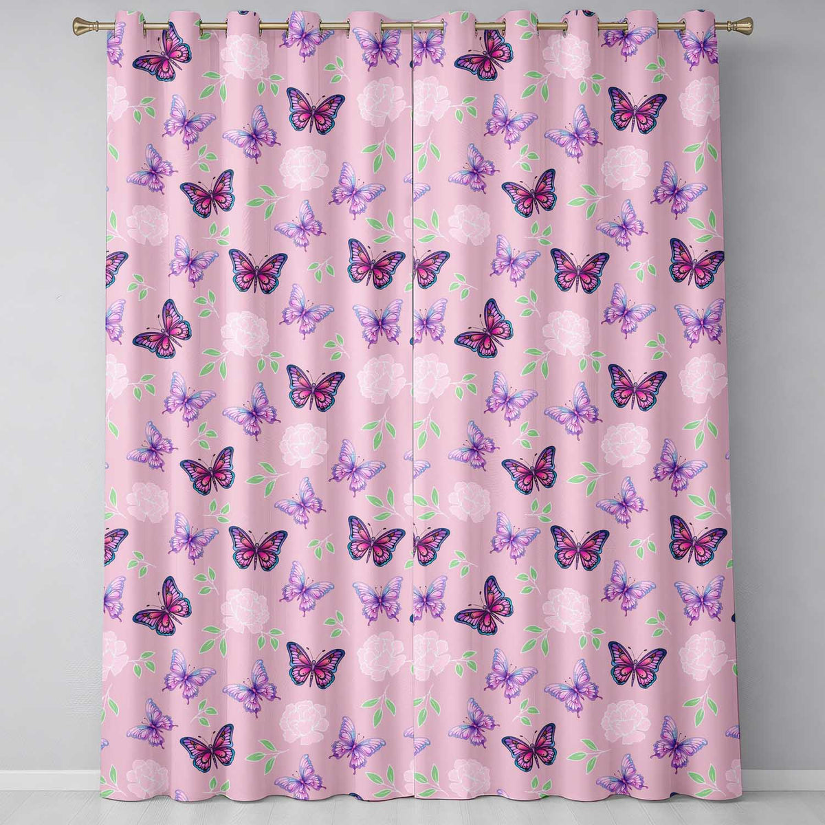 Pink Purple Butterfly Floral Pink Background Seamless Readymade Eyelet Ring Top Thermal 100% Blackout Curtains