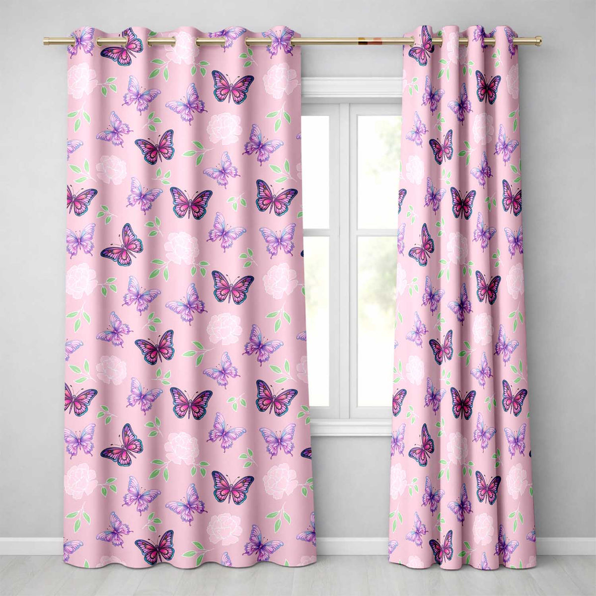 Pink Purple Butterfly Floral Pink Background Seamless Readymade Eyelet Ring Top Thermal 100% Blackout Curtains
