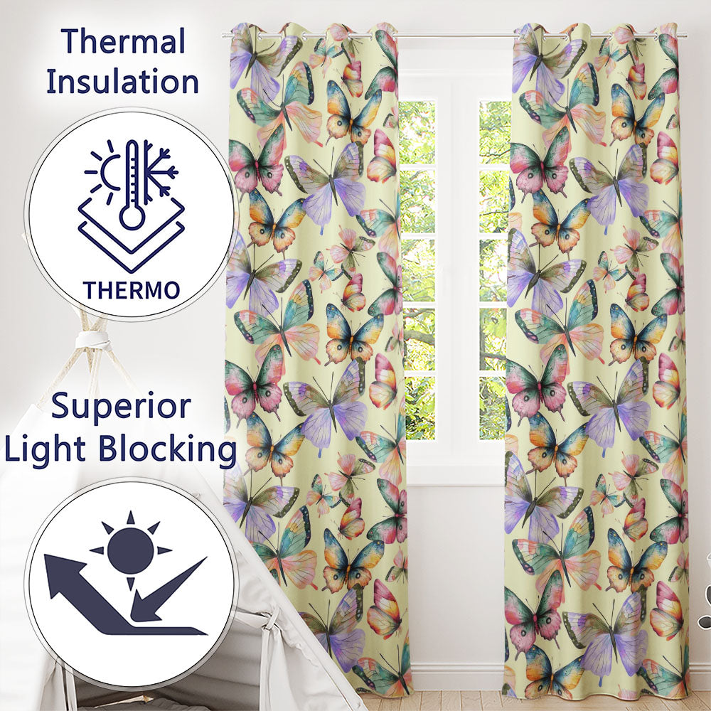 Pastel Watercolor Butterflies Black Background Seamless Readymade Eyelet Ring Top Thermal 100% Blackout Curtains