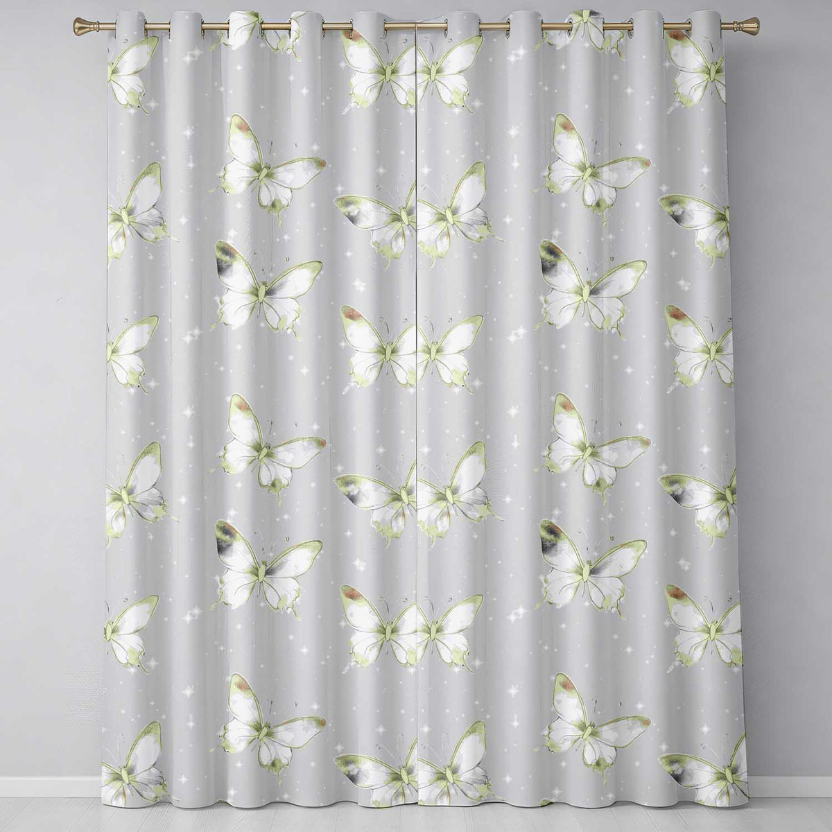 Elegant Gold Butterfly Sparkle Seamless Readymade Eyelet Ring Top Thermal 100% Blackout Curtains