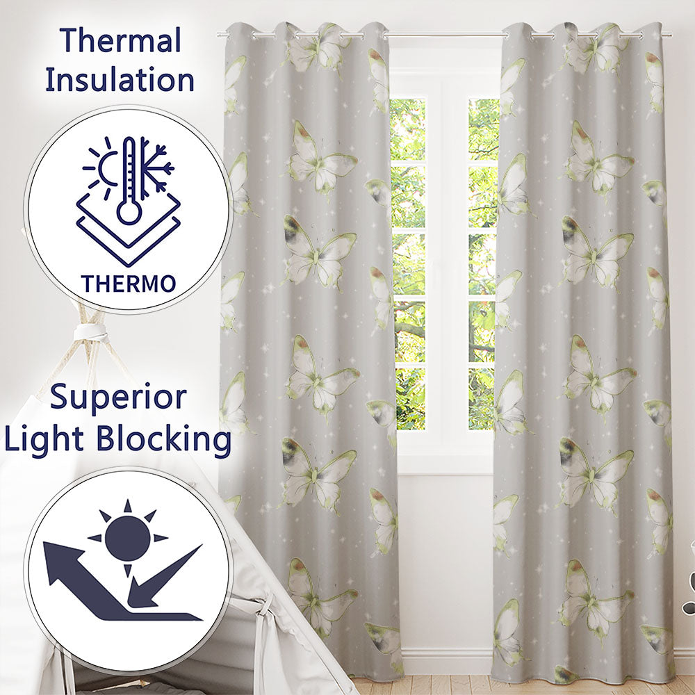 Elegant Gold Butterfly Sparkle Seamless Readymade Eyelet Ring Top Thermal 100% Blackout Curtains