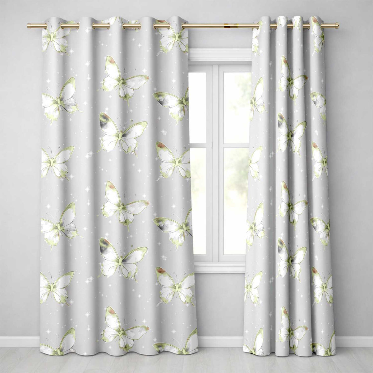 Elegant Gold Butterfly Sparkle Seamless Readymade Eyelet Ring Top Thermal 100% Blackout Curtains