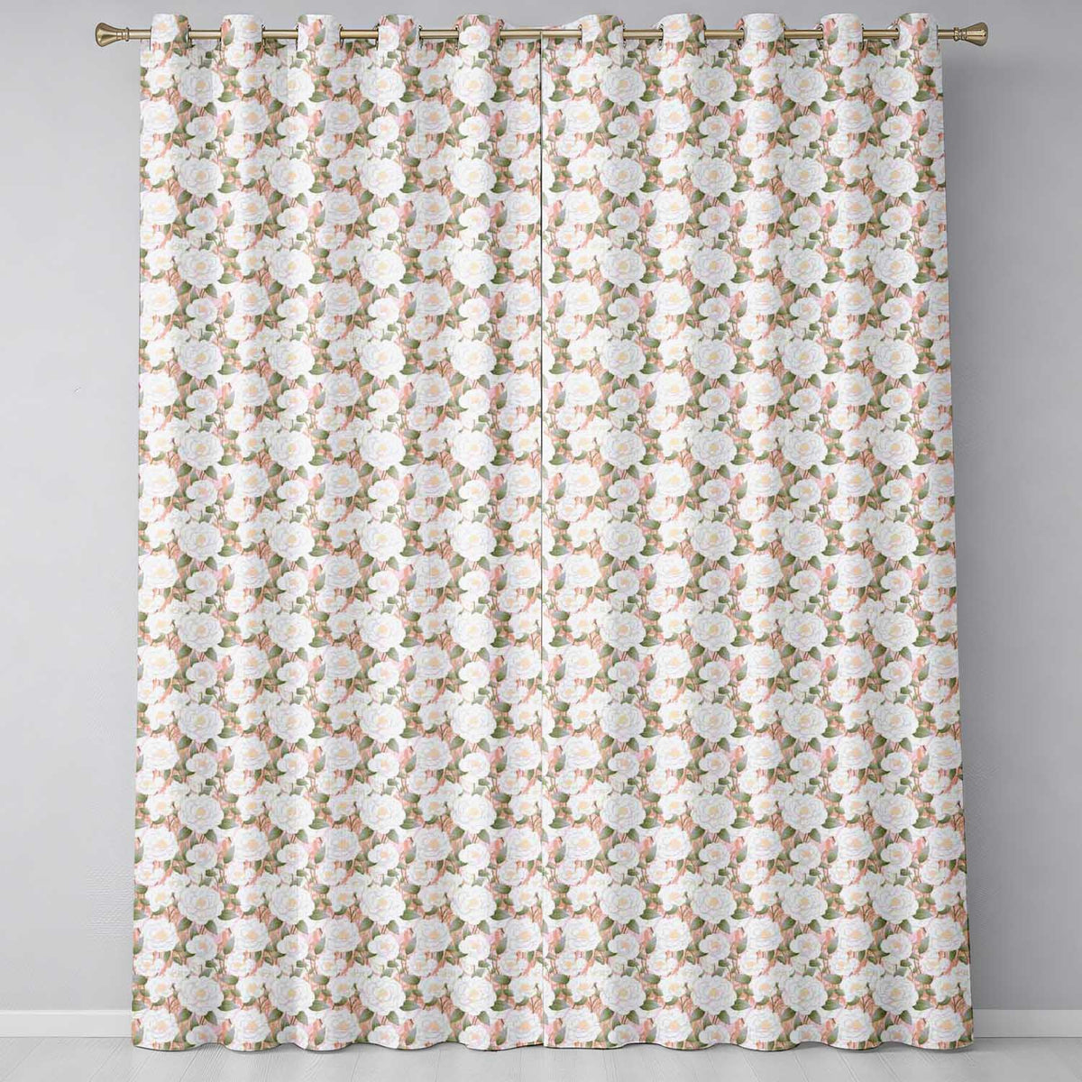 Soft Ivory Pink Floral Seamless Pattern Readymade Eyelet Ring Top Thermal 100% Blackout Curtains