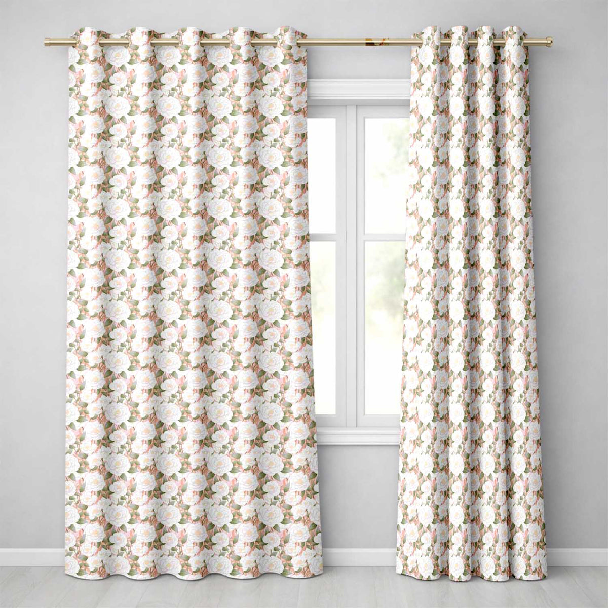 Soft Ivory Pink Floral Seamless Pattern Readymade Eyelet Ring Top Thermal 100% Blackout Curtains