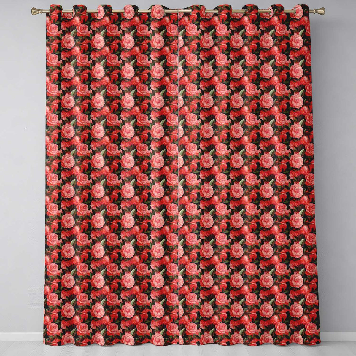 Dark Background Coral Rose Floral Seamless Readymade Eyelet Ring Top Thermal 100% Blackout Curtains
