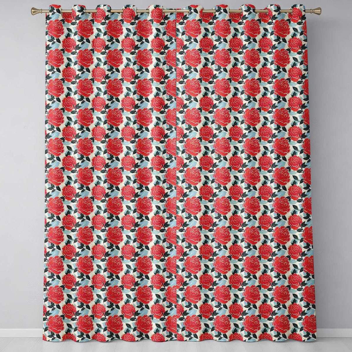 Red Rose Blue Accent Floral Seamless Pattern Readymade Eyelet Ring Top Thermal 100% Blackout Curtains