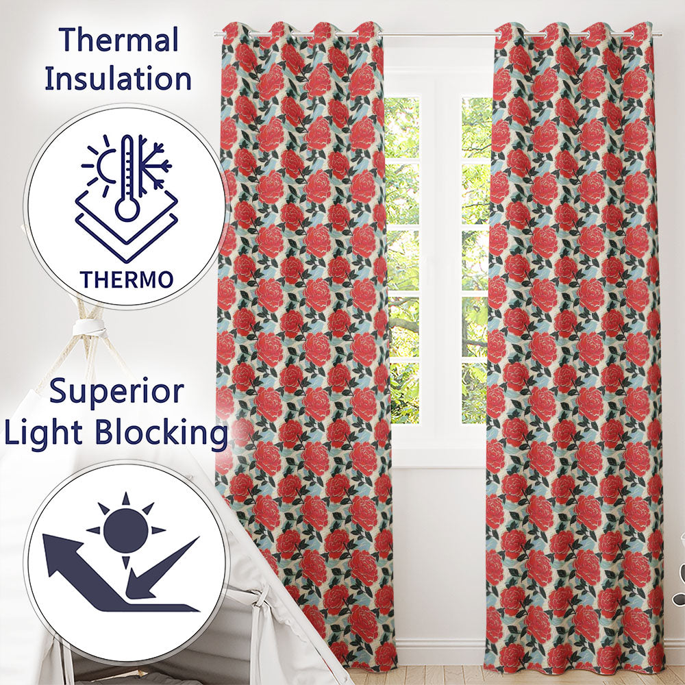 Red Rose Blue Accent Floral Seamless Pattern Readymade Eyelet Ring Top Thermal 100% Blackout Curtains