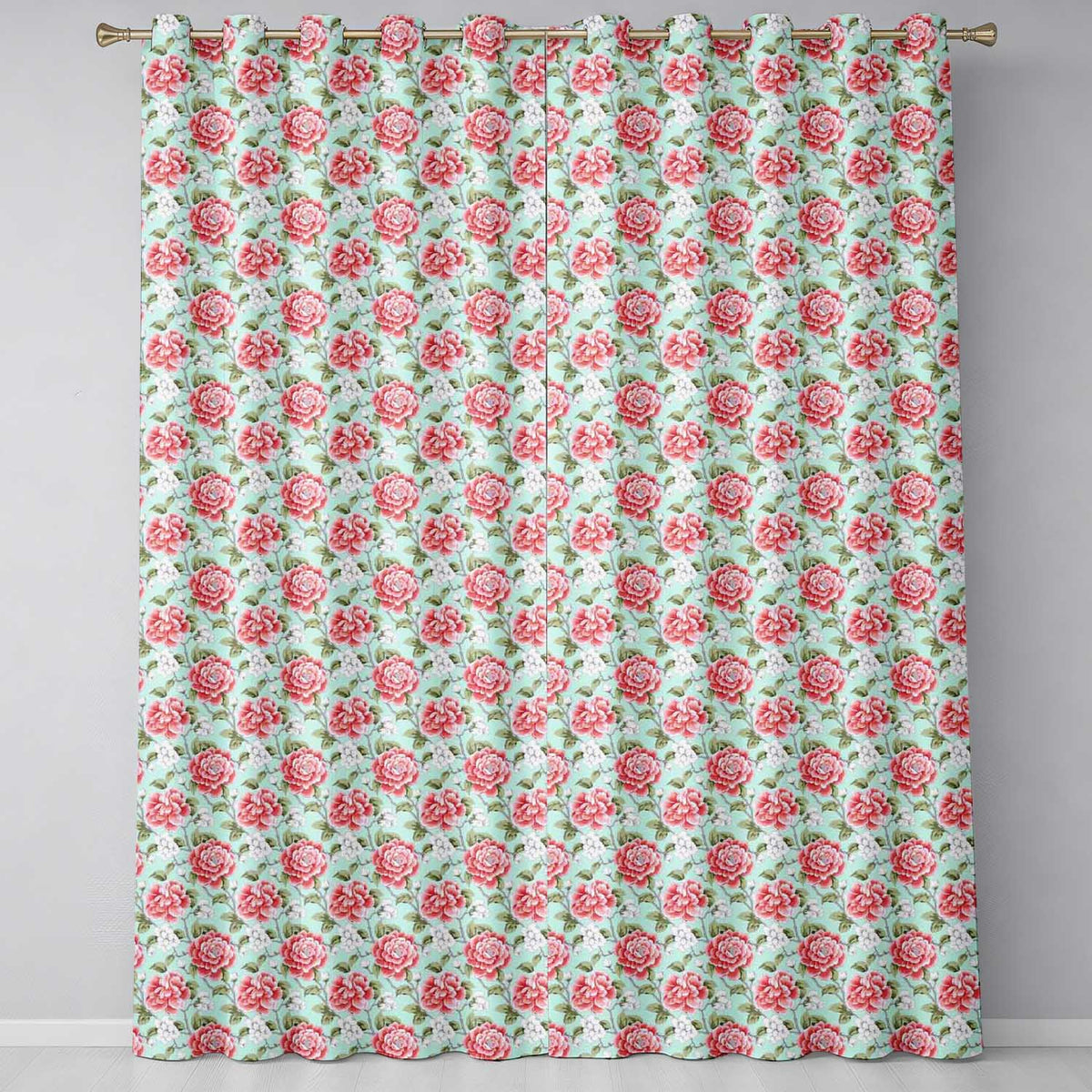 Red Rose Floral Seamless Teal Background Readymade Eyelet Ring Top Thermal 100% Blackout Curtains
