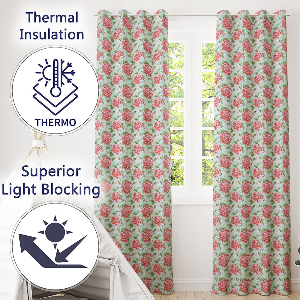 Red Rose Floral Seamless Teal Background Readymade Eyelet Ring Top Thermal 100% Blackout Curtains