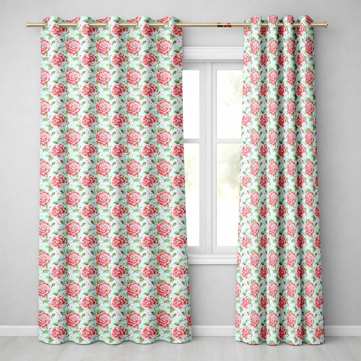 Red Rose Floral Seamless Teal Background Readymade Eyelet Ring Top Thermal 100% Blackout Curtains