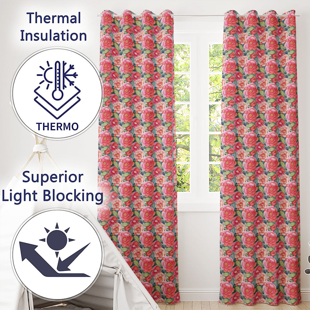 Pink and Red Rose Garden Floral Seamless Readymade Eyelet Ring Top Thermal 100% Blackout Curtains