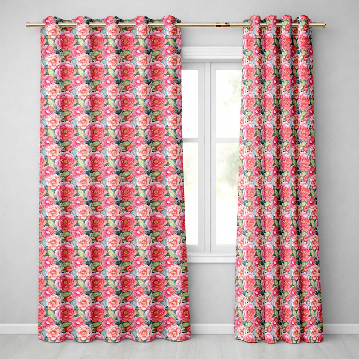 Pink and Red Rose Garden Floral Seamless Readymade Eyelet Ring Top Thermal 100% Blackout Curtains
