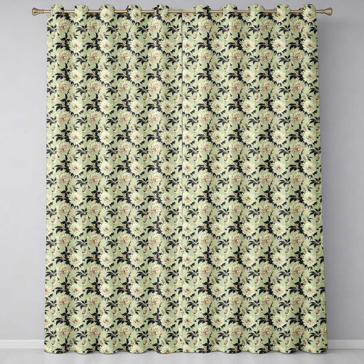 Timeless Botanical Floral Ivory Background Classic Vintage Style Readymade Eyelet Ring Top Thermal 100% Blackout Curtains