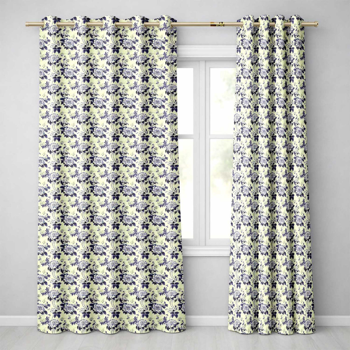 Classic Blue White Toile Floral Seamless Readymade Eyelet Ring Top Thermal 100% Blackout Curtains