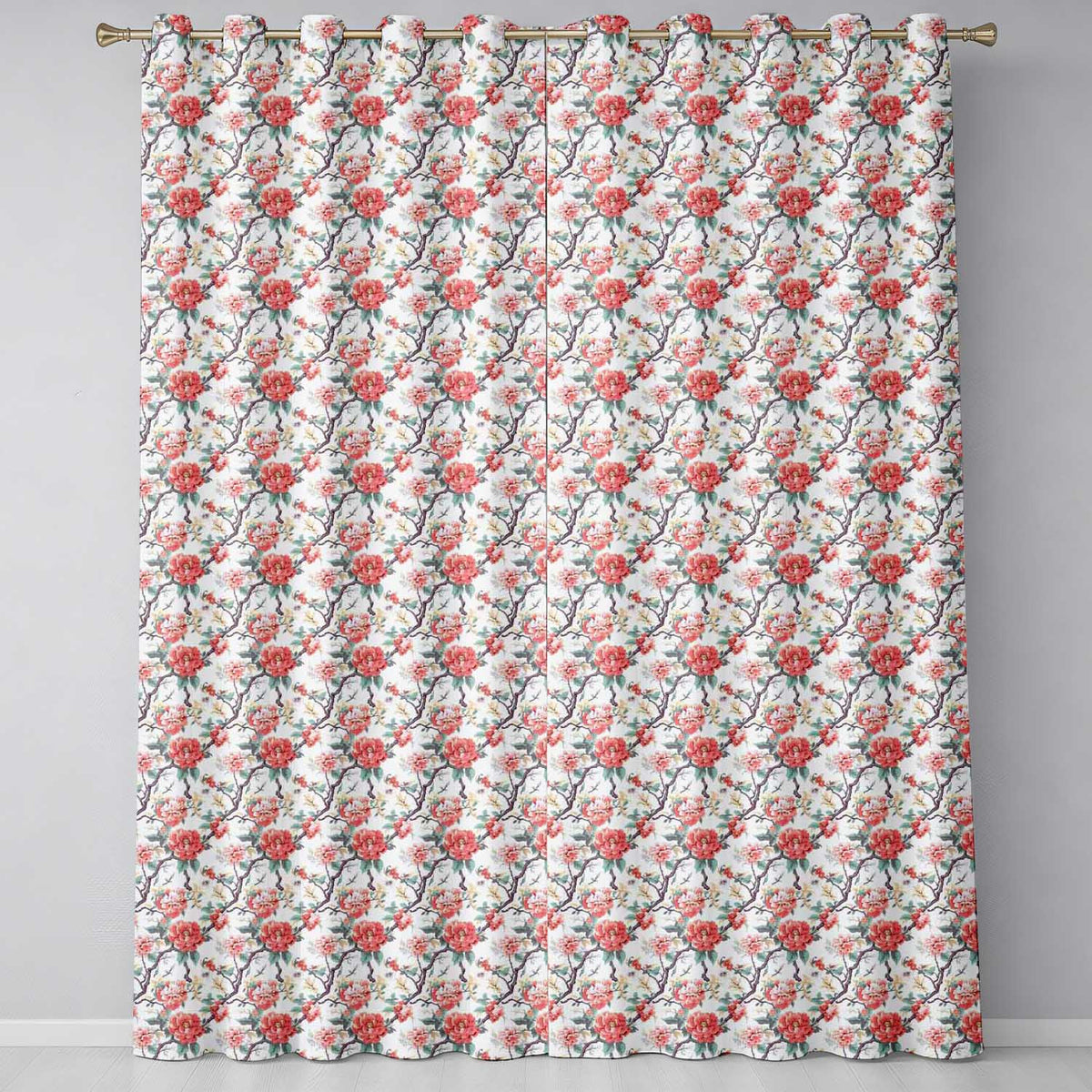 Red Blossom Oriental Floral Branch Seamless Readymade Eyelet Ring Top Thermal 100% Blackout Curtains