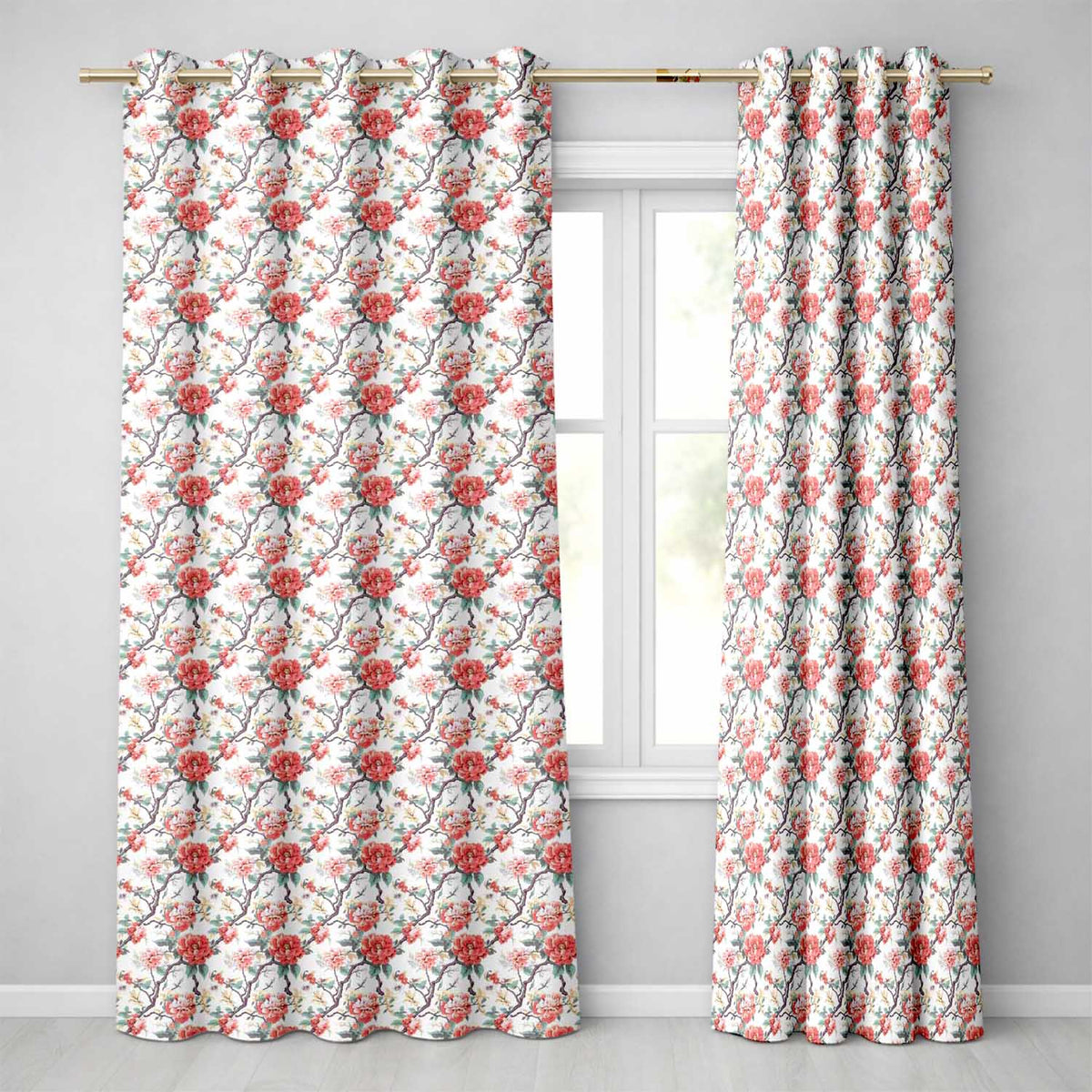 Red Blossom Oriental Floral Branch Seamless Readymade Eyelet Ring Top Thermal 100% Blackout Curtains