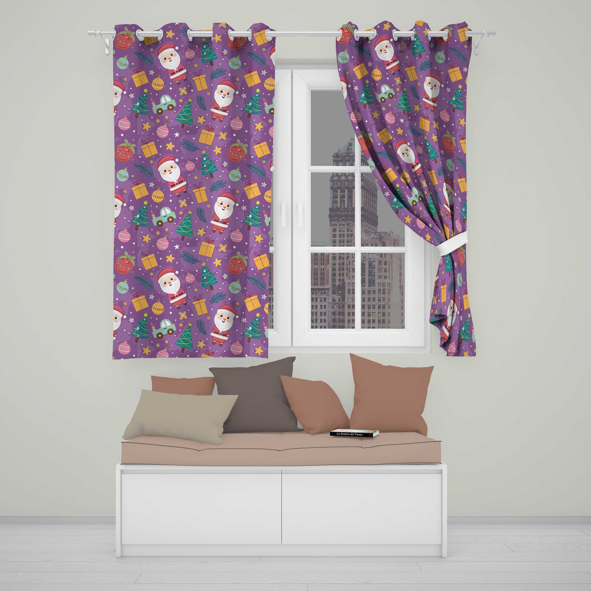 Christmas Santa Tree Gift Cartoon Seamless Readymade Eyelet Ring Top Thermal 100% Blackout Curtains