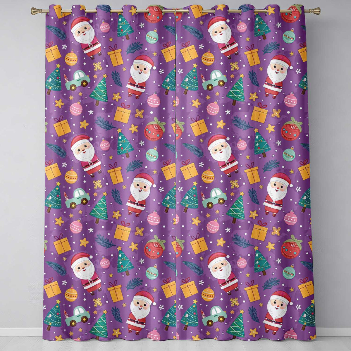 Christmas Santa Tree Gift Cartoon Seamless Readymade Eyelet Ring Top Thermal 100% Blackout Curtains