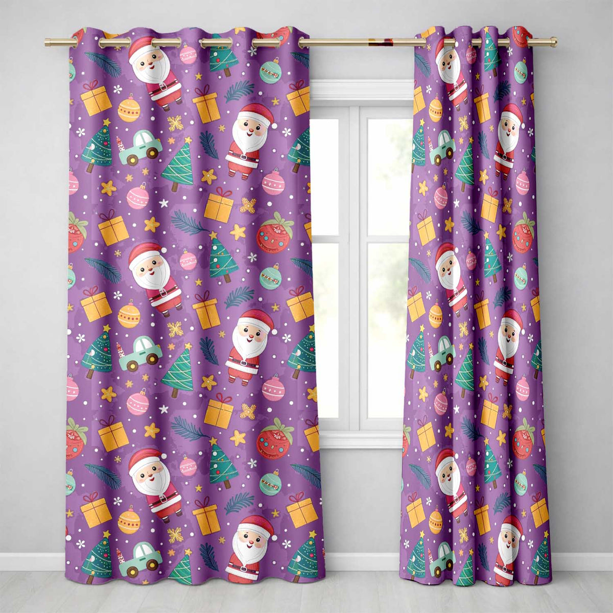 Christmas Santa Tree Gift Cartoon Seamless Readymade Eyelet Ring Top Thermal 100% Blackout Curtains