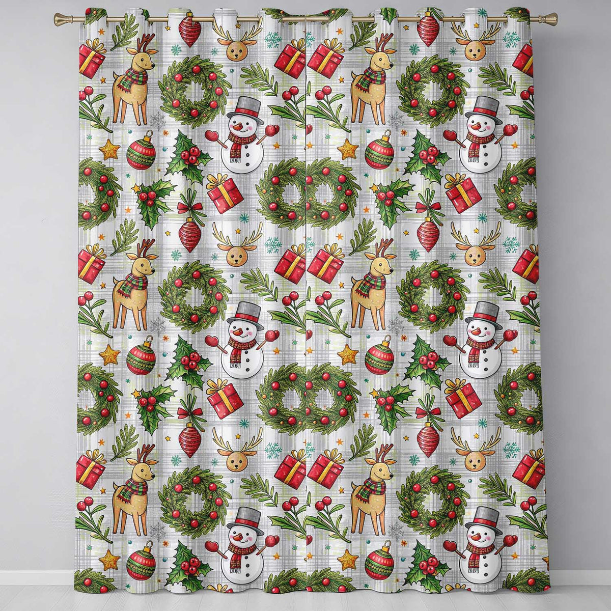 Festive Christmas Reindeer Wreath Snowman Seamless Readymade Eyelet Ring Top Thermal 100% Blackout Curtains