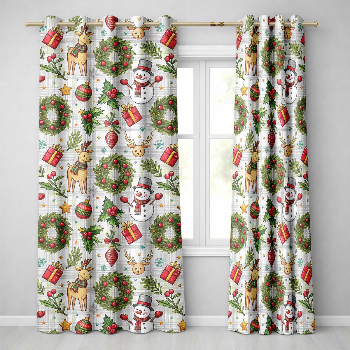 Festive Christmas Reindeer Wreath Snowman Seamless Readymade Eyelet Ring Top Thermal 100% Blackout Curtains