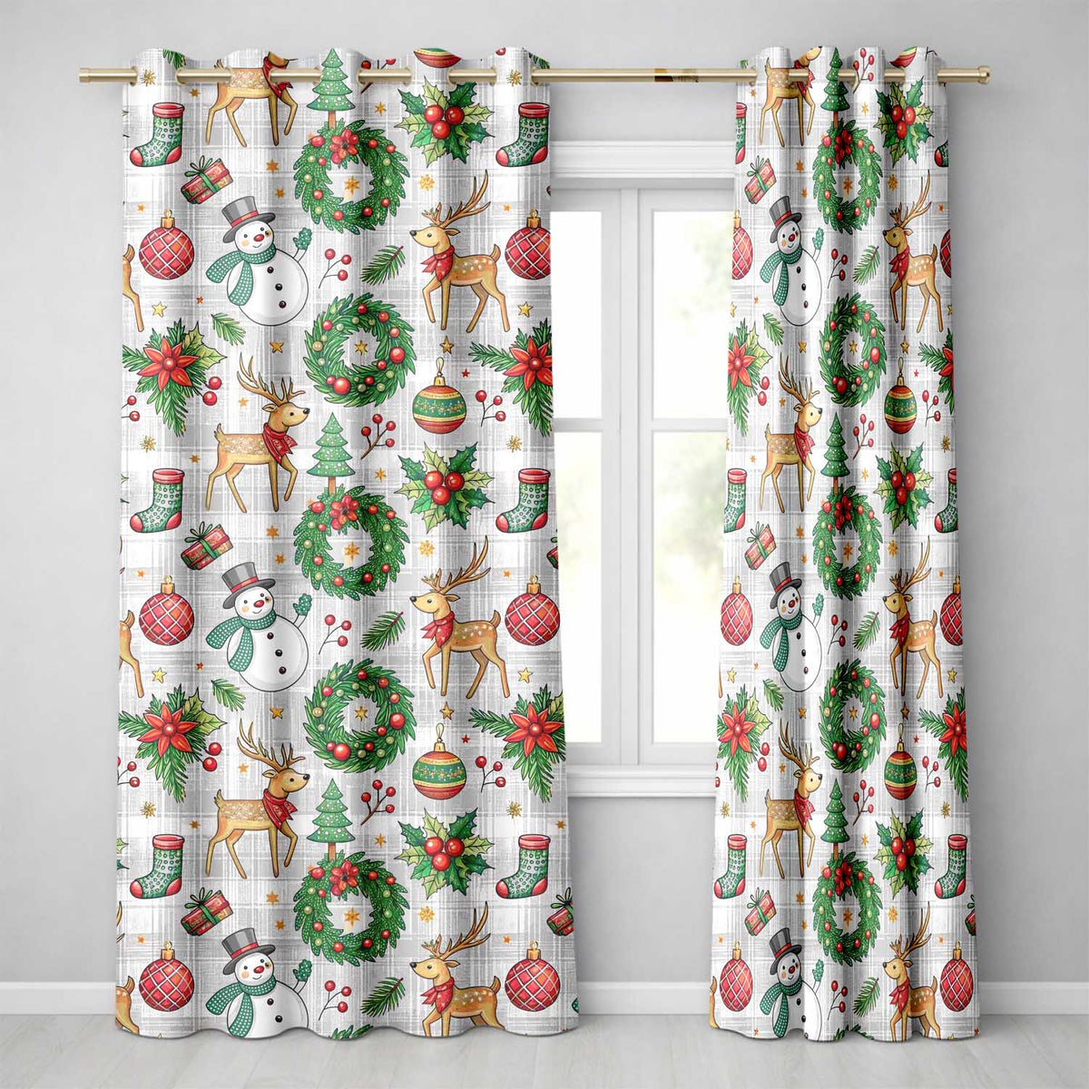 Holiday Snowman Reindeer Seamless Pattern Readymade Eyelet Ring Top Thermal 100% Blackout Curtains