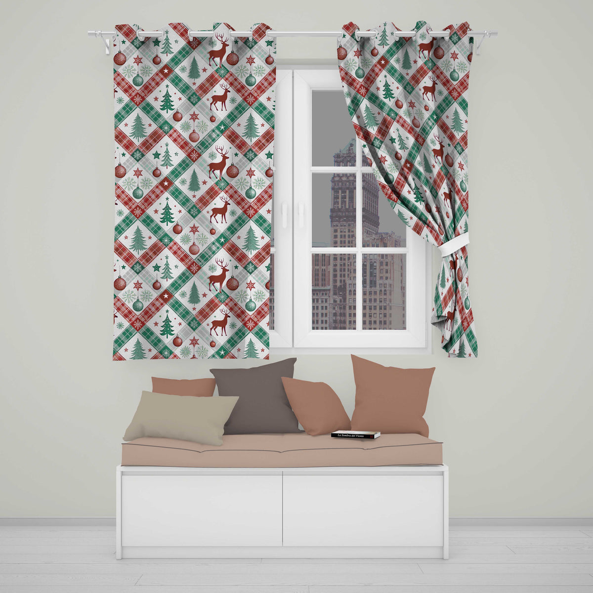 Classic Christmas Plaid Tree Reindeer Seamless Readymade Eyelet Ring Top Thermal 100% Blackout Curtains