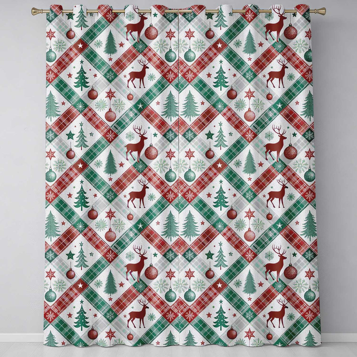 Classic Christmas Plaid Tree Reindeer Seamless Readymade Eyelet Ring Top Thermal 100% Blackout Curtains