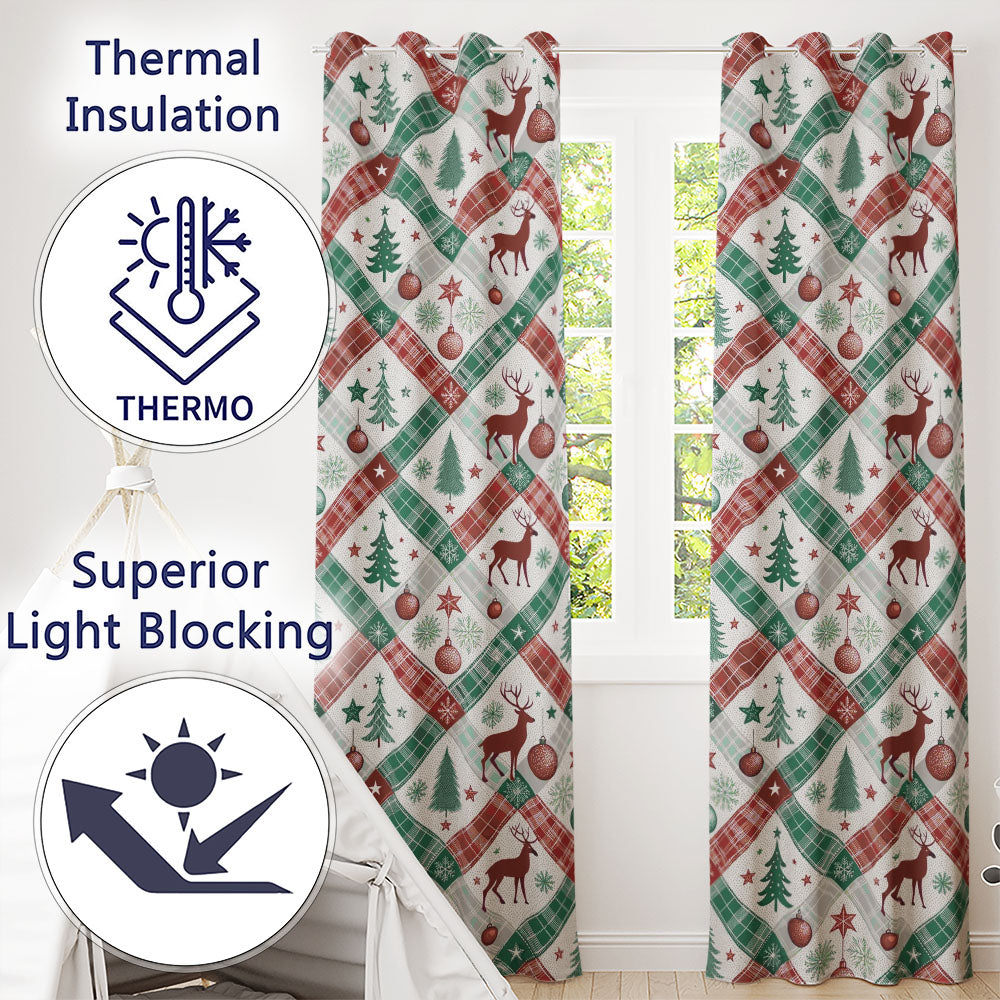 Classic Christmas Plaid Tree Reindeer Seamless Readymade Eyelet Ring Top Thermal 100% Blackout Curtains