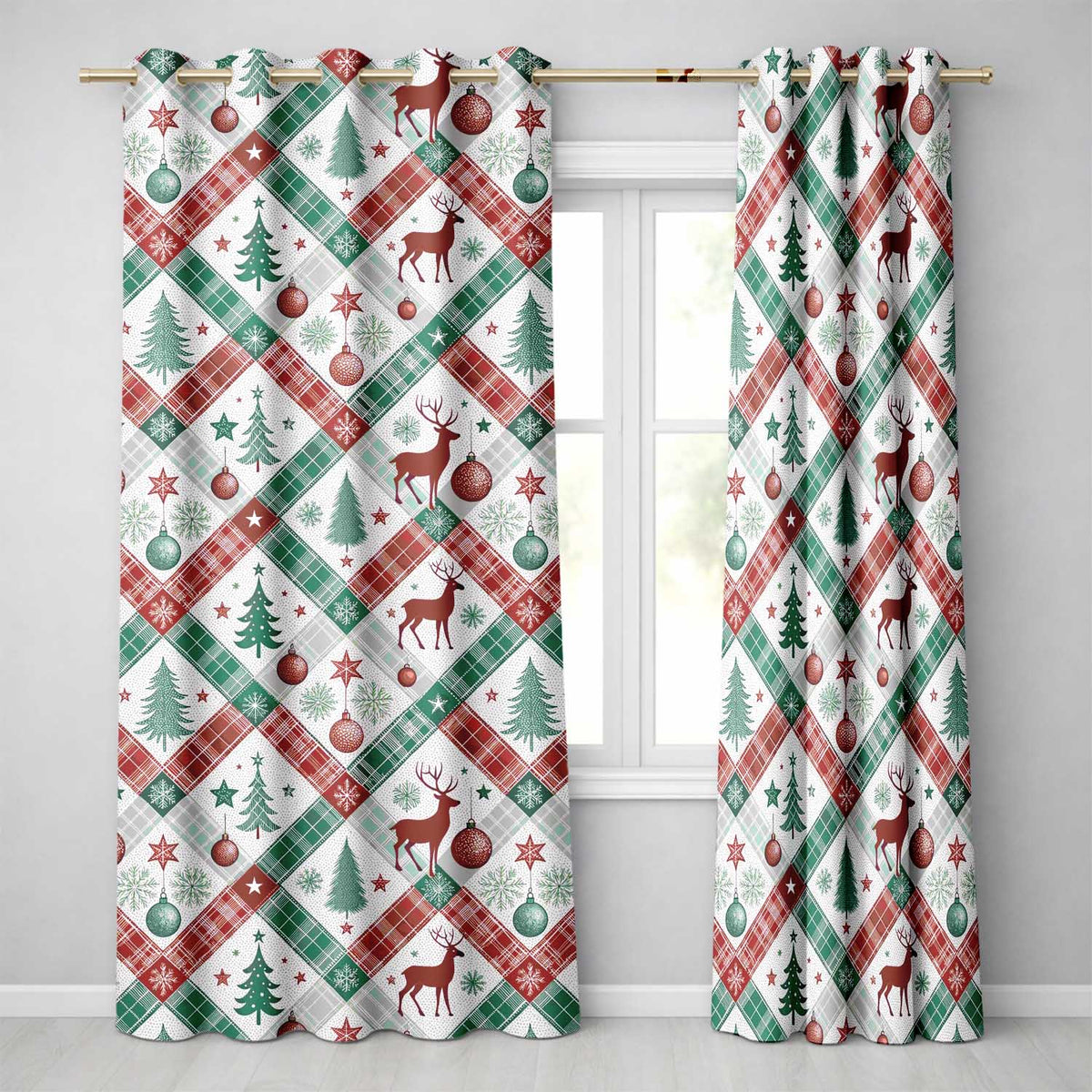 Classic Christmas Plaid Tree Reindeer Seamless Readymade Eyelet Ring Top Thermal 100% Blackout Curtains