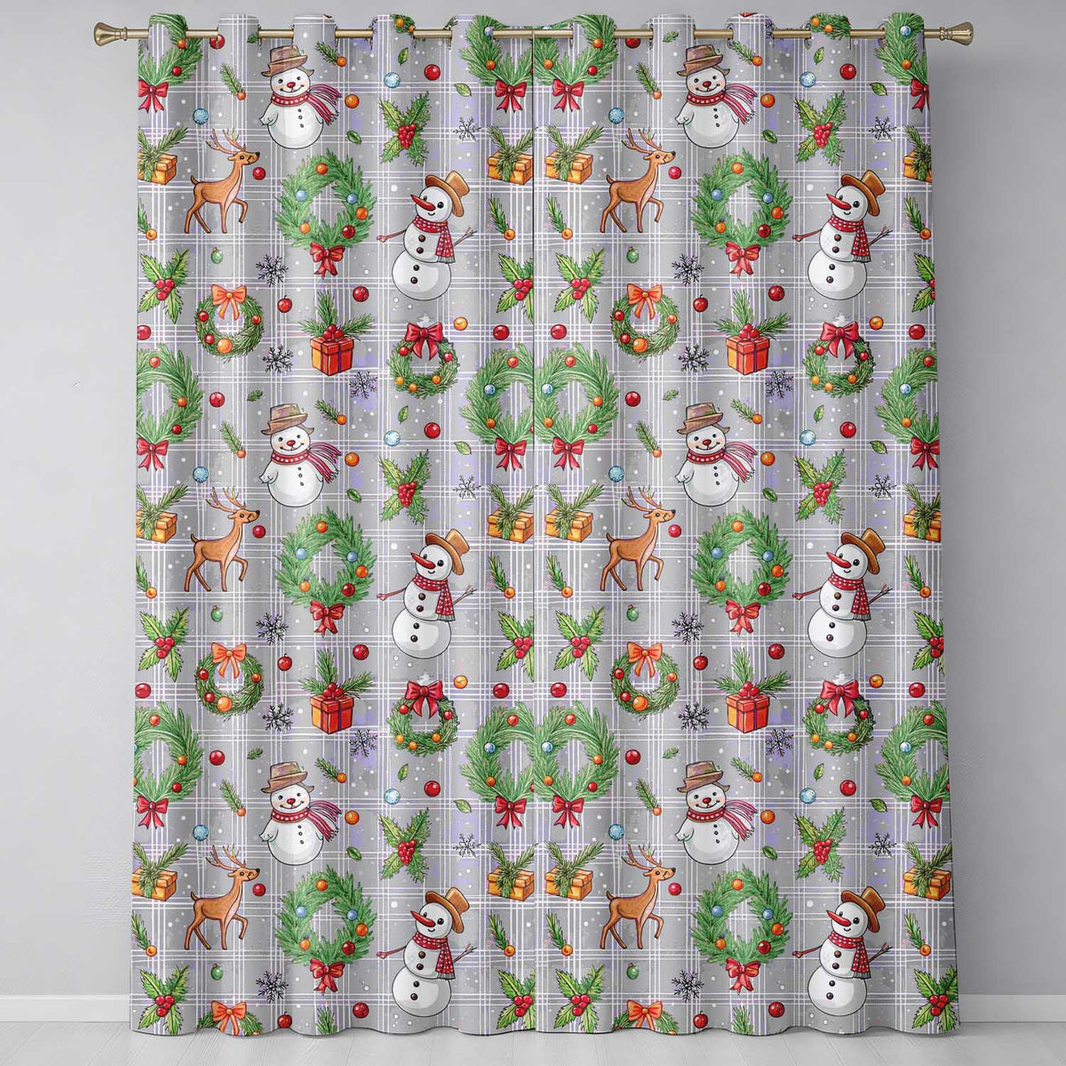 Winter Holiday Snowman Reindeer Wreath Seamless Readymade Eyelet Ring Top Thermal 100% Blackout Curtains
