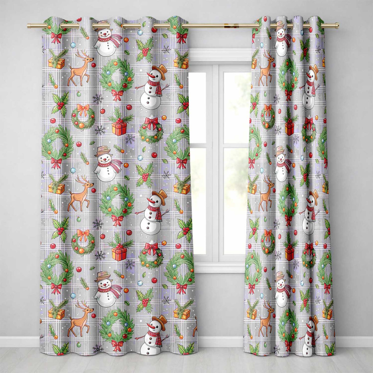 Winter Holiday Snowman Reindeer Wreath Seamless Readymade Eyelet Ring Top Thermal 100% Blackout Curtains